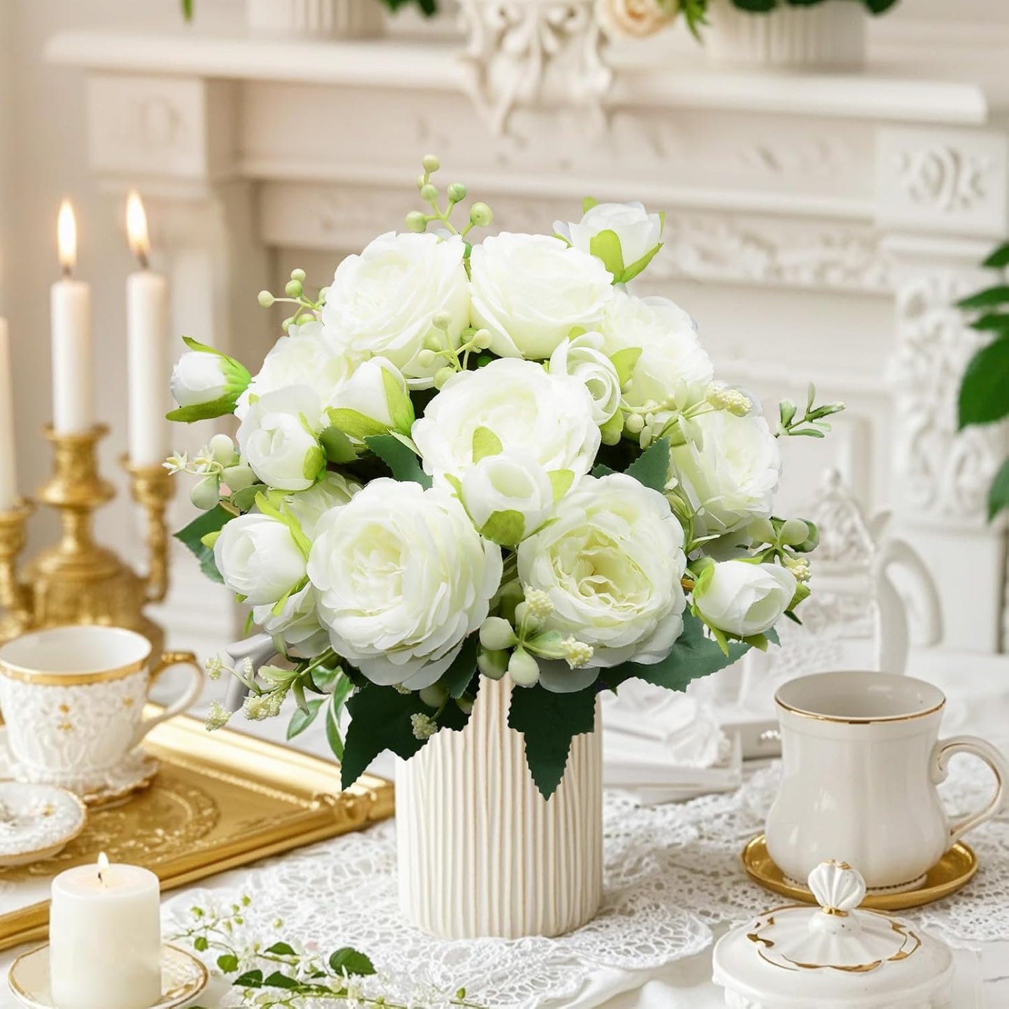 Artificial Flowers Bouquet 2 Pack Champagne Peonies Silk Faux Rose Bundle | 10 Austin Rose Flowers, Faux Flower for Home Wedding Floral Arrangements Dining Table Centerpieces Bridal Party Decoration