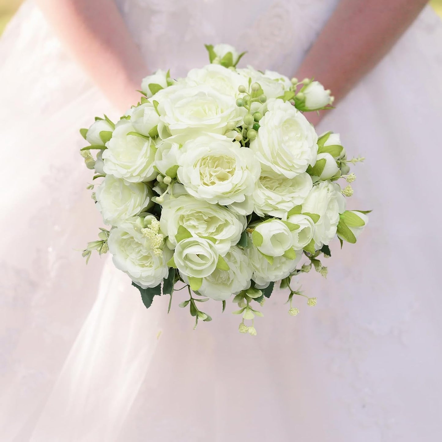 Artificial Flowers Bouquet 2 Pack Champagne Peonies Silk Faux Rose Bundle | 10 Austin Rose Flowers, Faux Flower for Home Wedding Floral Arrangements Dining Table Centerpieces Bridal Party Decoration