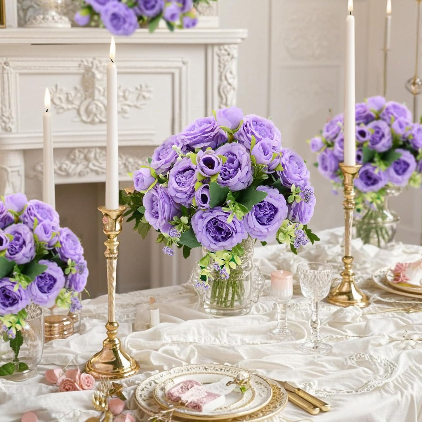Artificial Flowers Bouquet 2 Pack Champagne Peonies Silk Faux Rose Bundle | 10 Austin Rose Flowers, Faux Flower for Home Wedding Floral Arrangements Dining Table Centerpieces Bridal Party Decoration