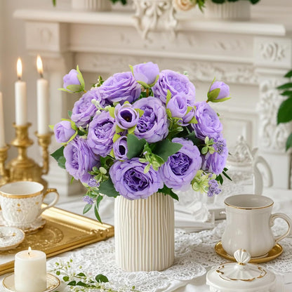 Artificial Flowers Bouquet 2 Pack Champagne Peonies Silk Faux Rose Bundle | 10 Austin Rose Flowers, Faux Flower for Home Wedding Floral Arrangements Dining Table Centerpieces Bridal Party Decoration