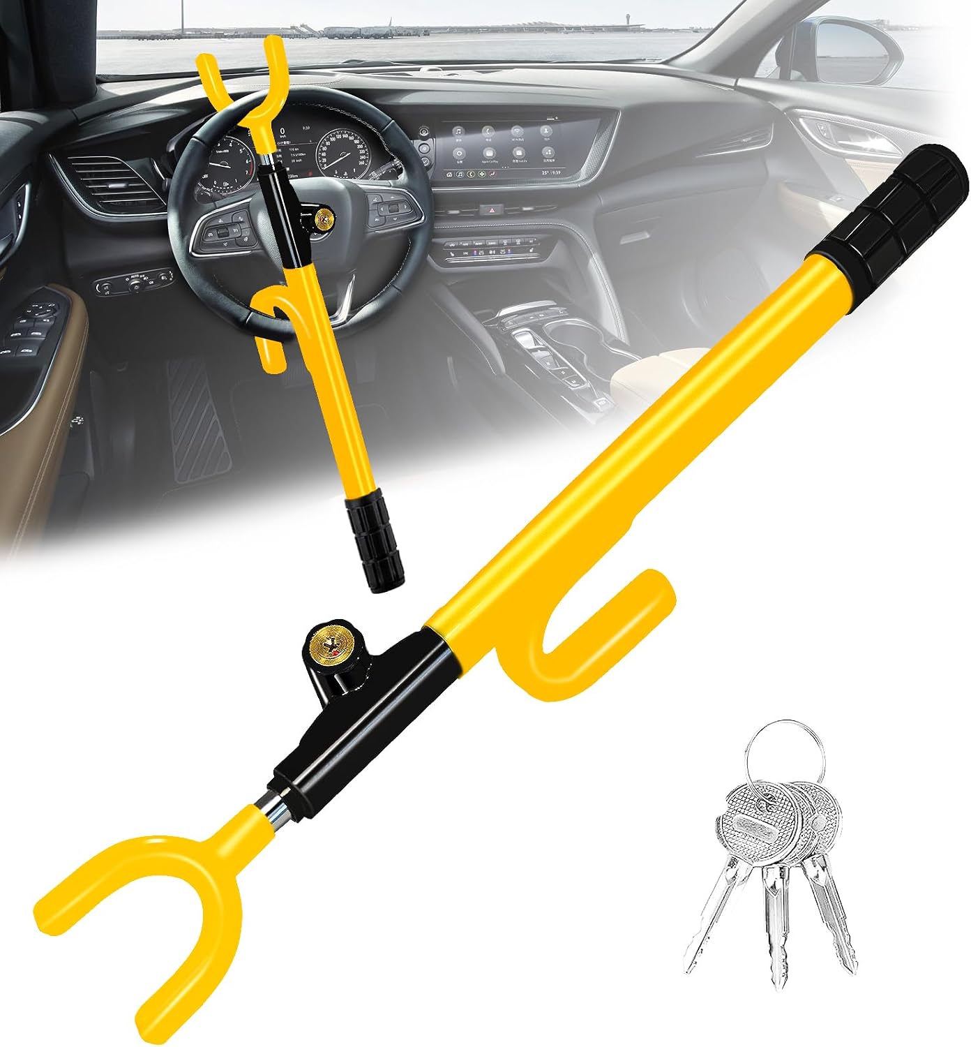 Heavy Duty Steering Wheel Lock-Yellow | Anti-Theft Car Device,Adjustable Length Locking with 3 Keys Universal Fit for Cars Trucks Vans and SUV