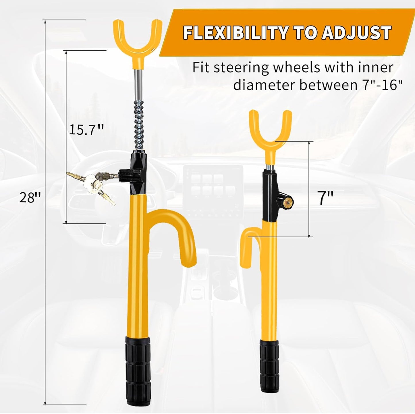 Heavy Duty Steering Wheel Lock-Yellow | Anti-Theft Car Device,Adjustable Length Locking with 3 Keys Universal Fit for Cars Trucks Vans and SUV