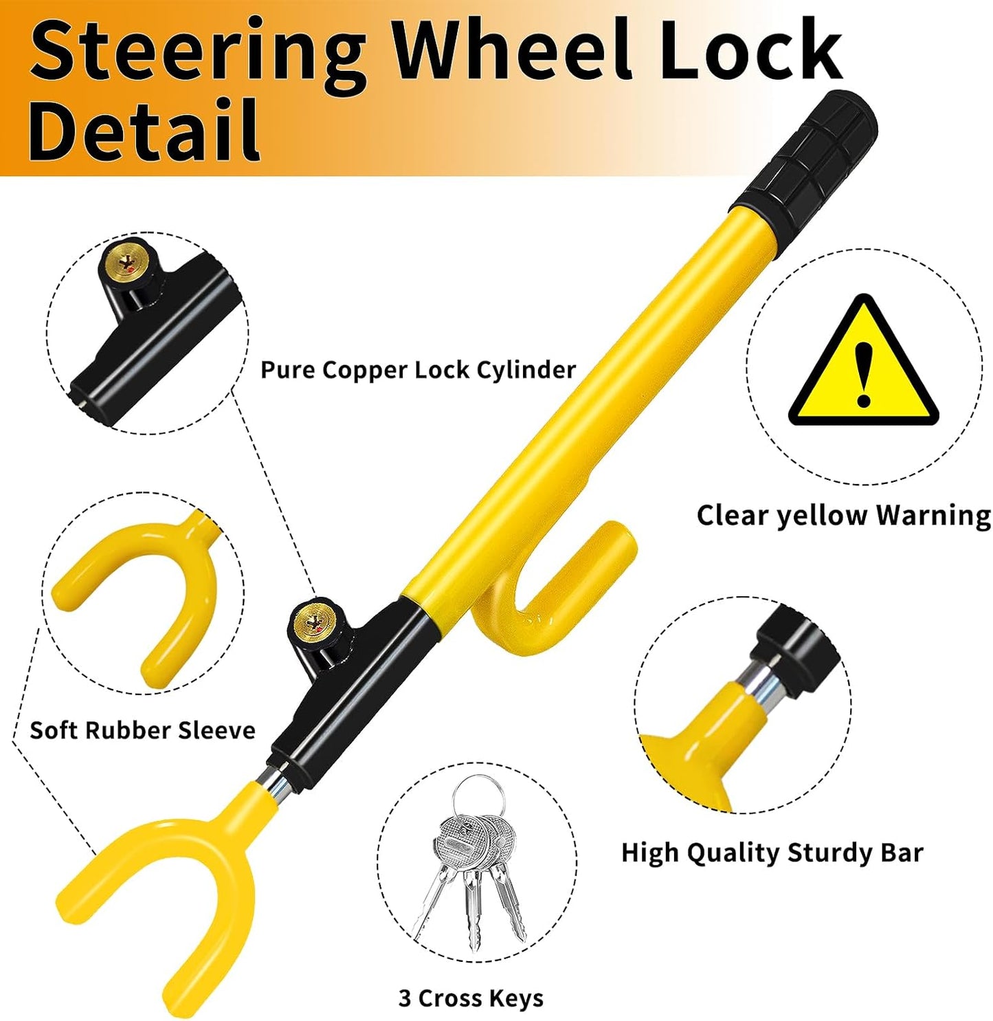 Heavy Duty Steering Wheel Lock-Yellow | Anti-Theft Car Device,Adjustable Length Locking with 3 Keys Universal Fit for Cars Trucks Vans and SUV