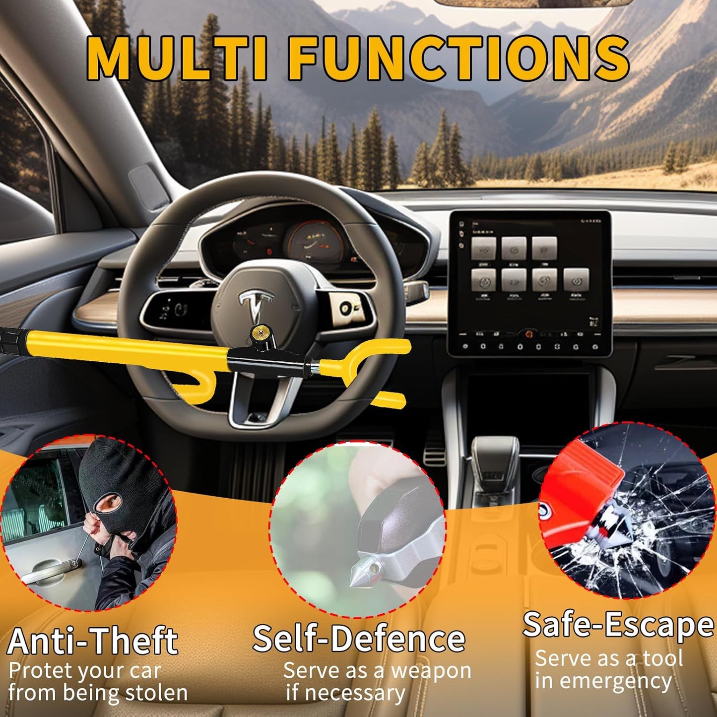 Heavy Duty Steering Wheel Lock-Yellow | Anti-Theft Car Device,Adjustable Length Locking with 3 Keys Universal Fit for Cars Trucks Vans and SUV