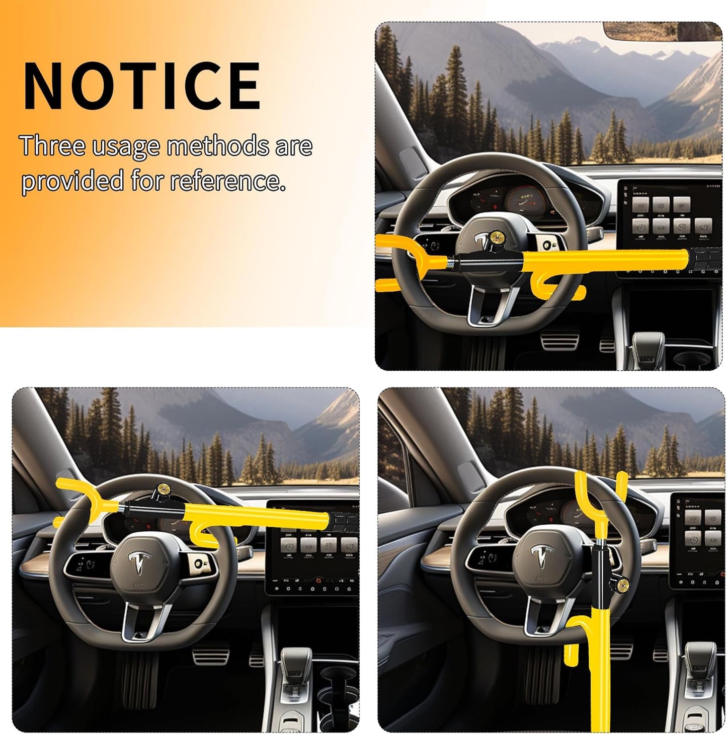 Heavy Duty Steering Wheel Lock-Yellow | Anti-Theft Car Device,Adjustable Length Locking with 3 Keys Universal Fit for Cars Trucks Vans and SUV