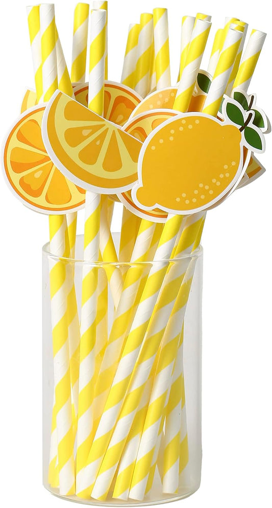 Lemon Biodegradable Paper Straws，Lemon Birthday Party Striped Decorative Straws - Set of 20.