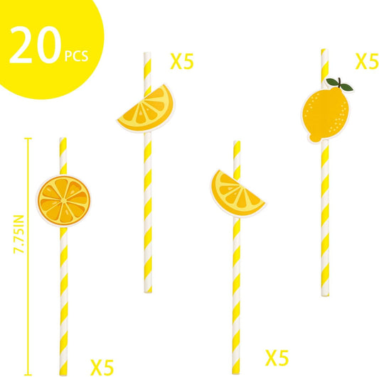 Lemon Biodegradable Paper Straws，Lemon Birthday Party Striped Decorative Straws - Set of 20.