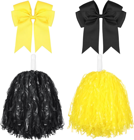 4 Pcs 10" Cheerleading Pom Poms Large Cheerleader Hair Bow for Girl Set Cheer Pompoms Cheerleading Accessories for Dance Sports Events Party Basketball Football Team