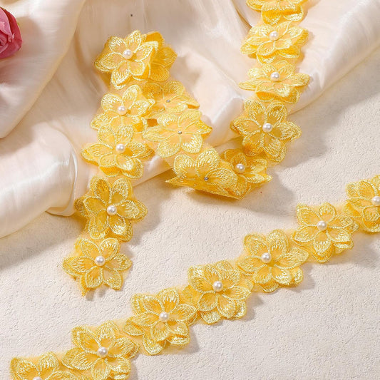 2 Yards 3D Yellow Flower Lace Trim Ribbon, Organza Flower Trim Lace Edge Trims Ribbon, Vintage Pearl Edging Trimmings Fabric Embroidered Applique for Wedding Home Decor Clothes