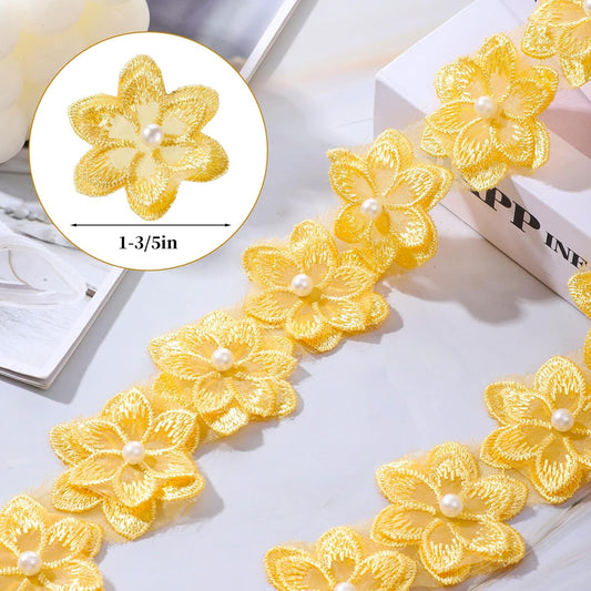 2 Yards 3D Yellow Flower Lace Trim Ribbon, Organza Flower Trim Lace Edge Trims Ribbon, Vintage Pearl Edging Trimmings Fabric Embroidered Applique for Wedding Home Decor Clothes