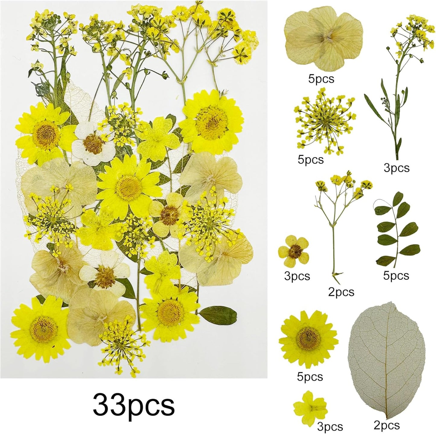 4 Pack Dried Flowers for Resin Molds, 137 Pcs Real Natural Dried Pressed Flowers, Yellow Natural Dried Pressed Leaves for Pressed Leaf Art Craft DIY Embellishment Decorations