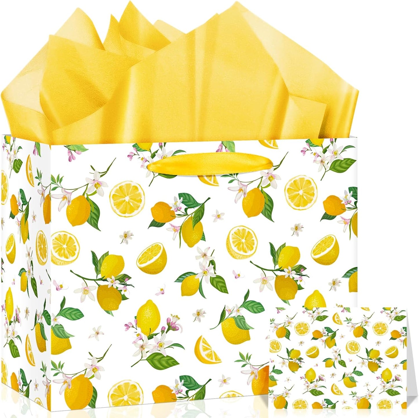 Lemon Gift Bag Yellow Lemon Floral Theme Party Wrapping with Tissue Paper and Card Decorations for Kids Adult Summer Fruit Birthday Baby Shower Lemonade Wedding Party Favors Gift Wrap Bag Supplies