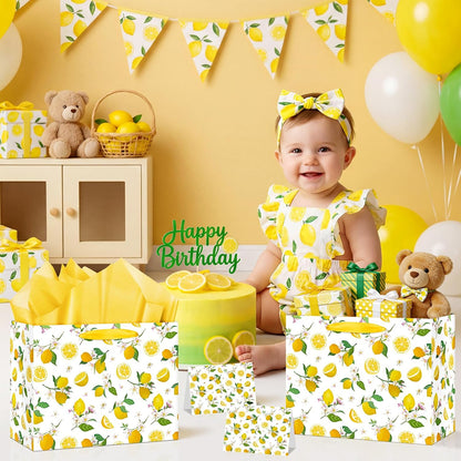 Lemon Gift Bag Yellow Lemon Floral Theme Party Wrapping with Tissue Paper and Card Decorations for Kids Adult Summer Fruit Birthday Baby Shower Lemonade Wedding Party Favors Gift Wrap Bag Supplies