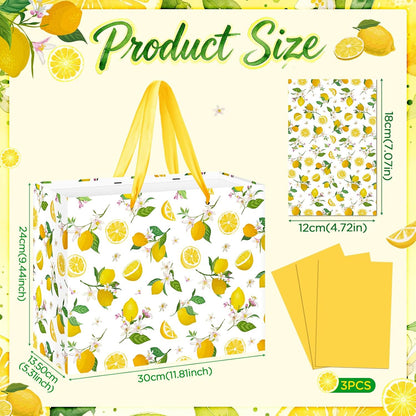 Lemon Gift Bag Yellow Lemon Floral Theme Party Wrapping with Tissue Paper and Card Decorations for Kids Adult Summer Fruit Birthday Baby Shower Lemonade Wedding Party Favors Gift Wrap Bag Supplies