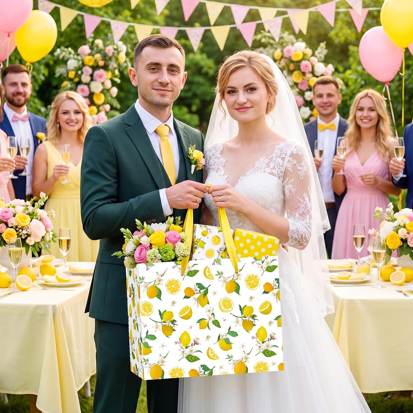 Lemon Gift Bag Yellow Lemon Floral Theme Party Wrapping with Tissue Paper and Card Decorations for Kids Adult Summer Fruit Birthday Baby Shower Lemonade Wedding Party Favors Gift Wrap Bag Supplies