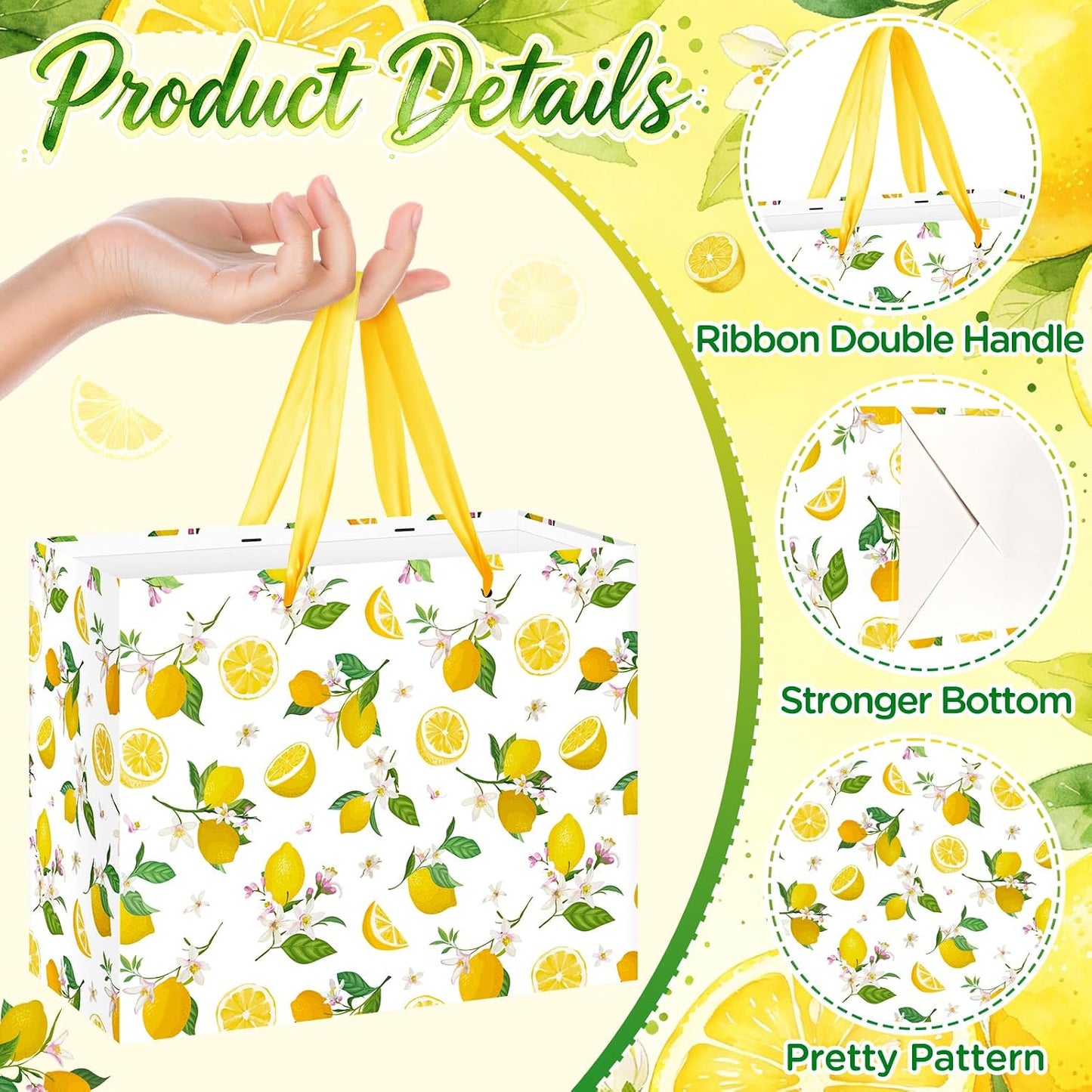 Lemon Gift Bag Yellow Lemon Floral Theme Party Wrapping with Tissue Paper and Card Decorations for Kids Adult Summer Fruit Birthday Baby Shower Lemonade Wedding Party Favors Gift Wrap Bag Supplies