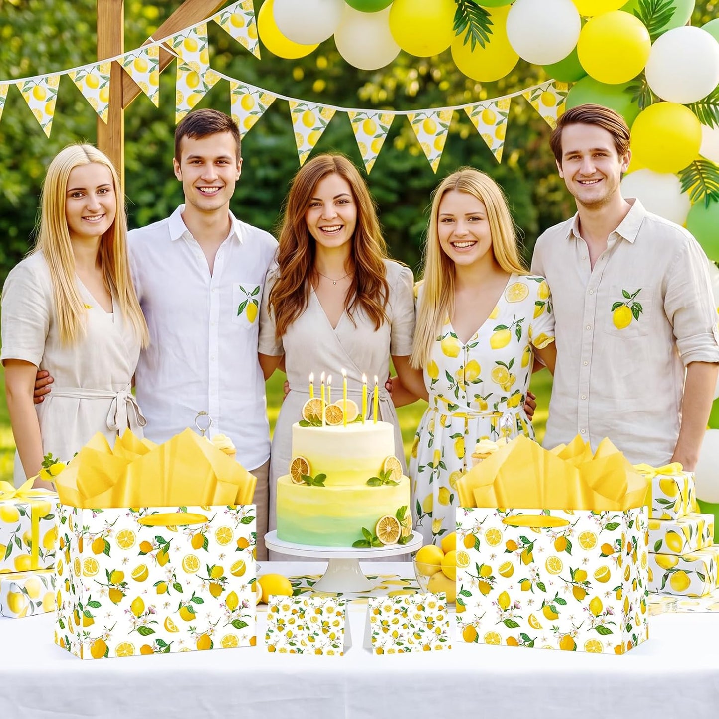 Lemon Gift Bag Yellow Lemon Floral Theme Party Wrapping with Tissue Paper and Card Decorations for Kids Adult Summer Fruit Birthday Baby Shower Lemonade Wedding Party Favors Gift Wrap Bag Supplies