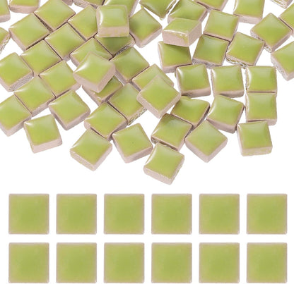 9mm Square Mosaic Tiles, 300g Ceramic Mosaic Pieces Glazed Porcelain Tiles Bulk for Vase Flower Pots Aquarium Decor Garden Project DIY Art Craft, Yellow Green