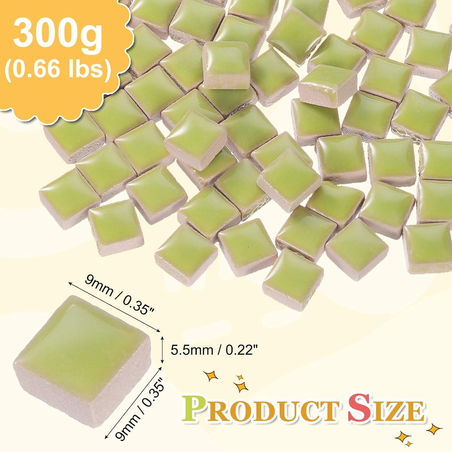 9mm Square Mosaic Tiles, 300g Ceramic Mosaic Pieces Glazed Porcelain Tiles Bulk for Vase Flower Pots Aquarium Decor Garden Project DIY Art Craft, Yellow Green