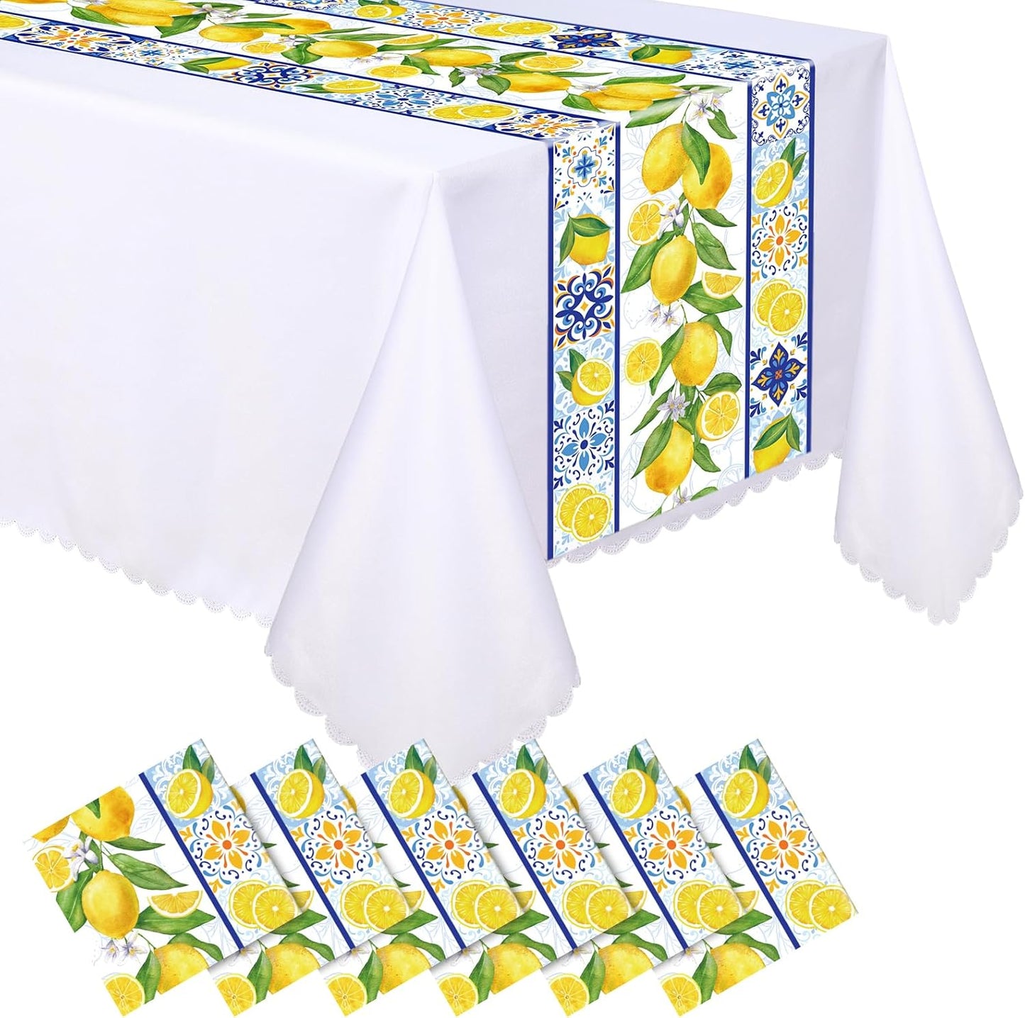 6 Pcs Capri Lemon Party Table Runners Italian Tile Lemon Tablecloth 14 x 108 Inches Disposable Plastic Table Runner for Summer Wedding Lemonade Birthday Party Supplies Home Decor (Fresh)