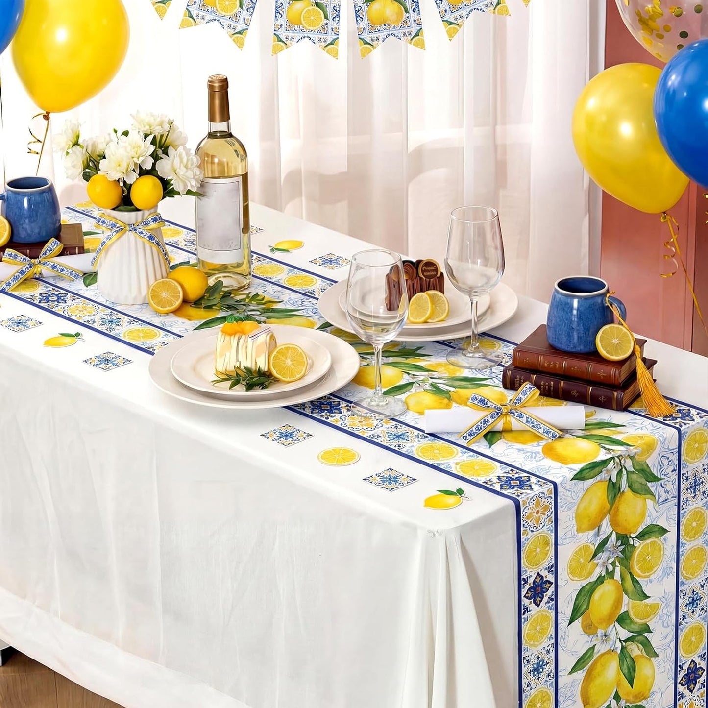 6 Pcs Capri Lemon Party Table Runners Italian Tile Lemon Tablecloth 14 x 108 Inches Disposable Plastic Table Runner for Summer Wedding Lemonade Birthday Party Supplies Home Decor (Fresh)