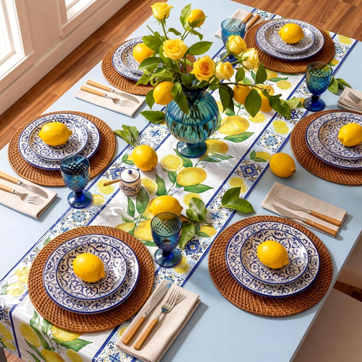 6 Pcs Capri Lemon Party Table Runners Italian Tile Lemon Tablecloth 14 x 108 Inches Disposable Plastic Table Runner for Summer Wedding Lemonade Birthday Party Supplies Home Decor (Fresh)