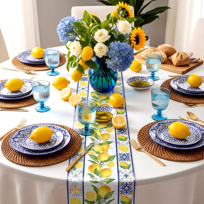 6 Pcs Capri Lemon Party Table Runners Italian Tile Lemon Tablecloth 14 x 108 Inches Disposable Plastic Table Runner for Summer Wedding Lemonade Birthday Party Supplies Home Decor (Fresh)