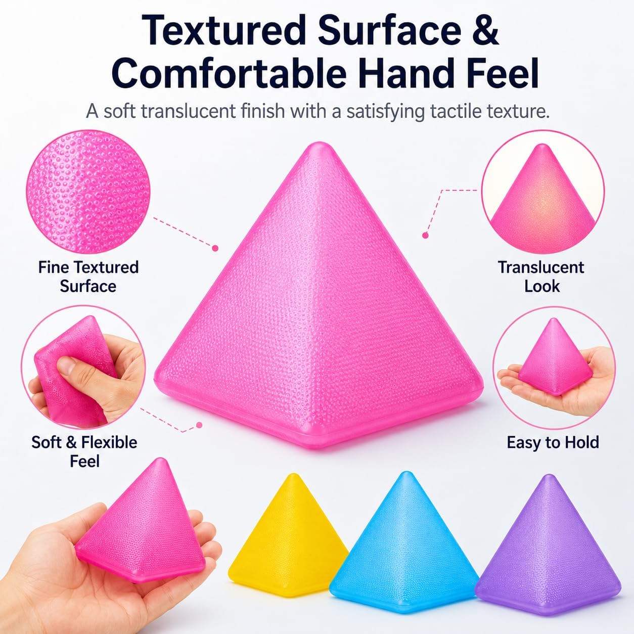 Pyramid Squishy Squeeze Toy for Adults, Soft Sensory Fidget Stress Ball, Stretchy Tactile Desk Toy for Office, Study, Travel, Hand Exercise and Relaxation, Translucent Pyramid Shape (Yellow)