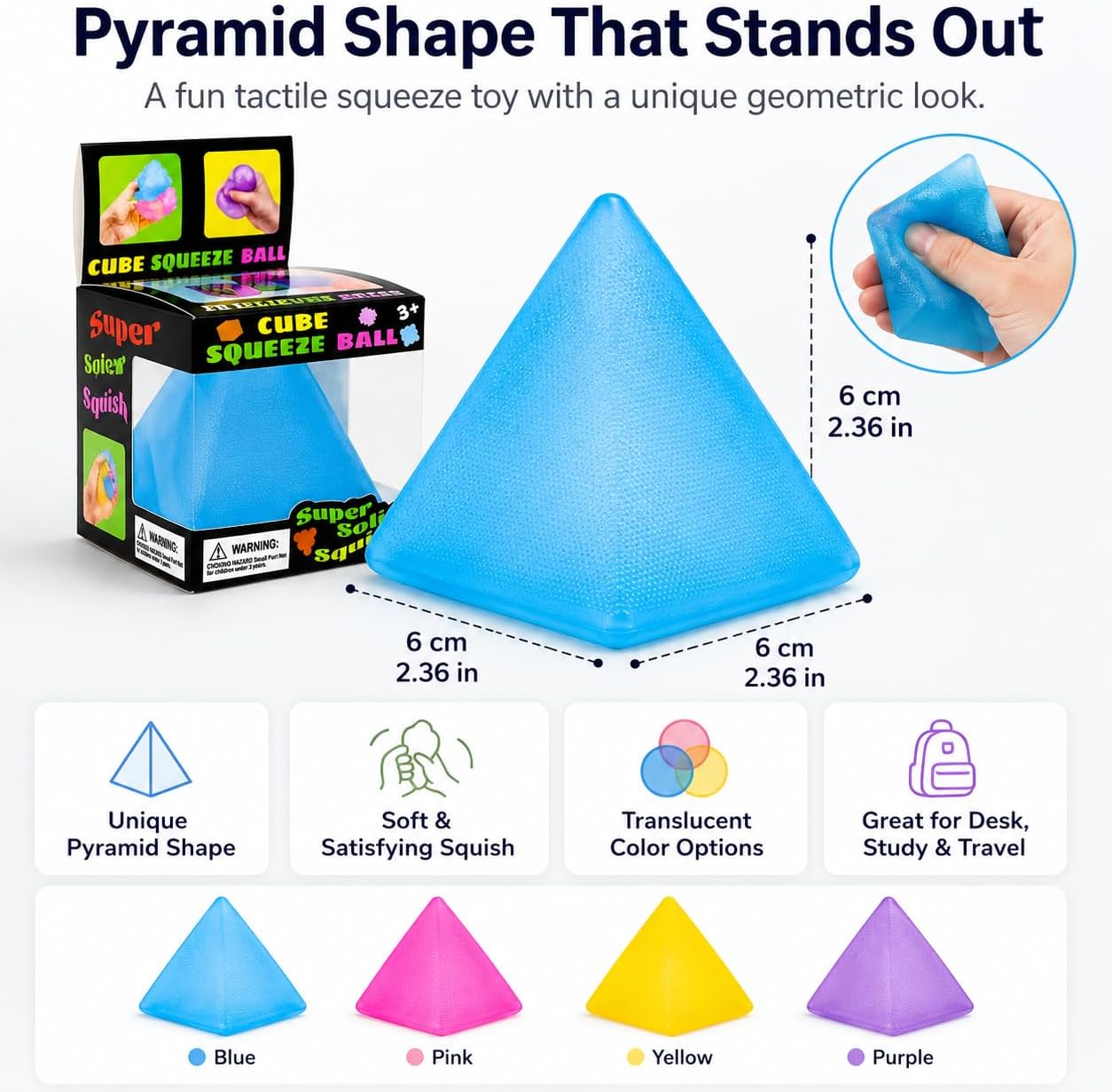 Pyramid Squishy Squeeze Toy for Adults, Soft Sensory Fidget Stress Ball, Stretchy Tactile Desk Toy for Office, Study, Travel, Hand Exercise and Relaxation, Translucent Pyramid Shape (Yellow)