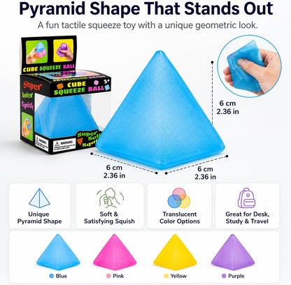 Pyramid Squishy Squeeze Toy for Adults, Soft Sensory Fidget Stress Ball, Stretchy Tactile Desk Toy for Office, Study, Travel, Hand Exercise and Relaxation, Translucent Pyramid Shape (Yellow)