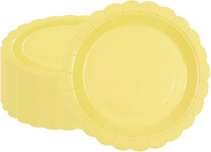 50Pcs Yellow Paper Plates-Disposable 7Inch Scalloped Dessert Cake Salad Fruit Plates Dinnerware Party Supplies for Summer Birthday Wedding Baby Shower Holiday Picnic Outdoor Table Decor