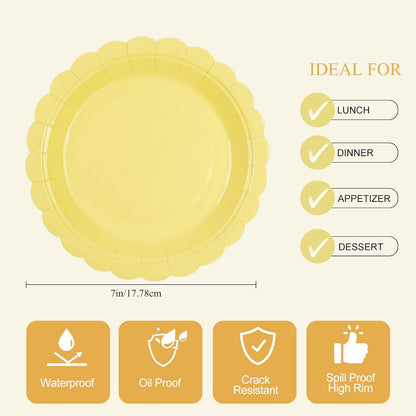 50Pcs Yellow Paper Plates-Disposable 7Inch Scalloped Dessert Cake Salad Fruit Plates Dinnerware Party Supplies for Summer Birthday Wedding Baby Shower Holiday Picnic Outdoor Table Decor