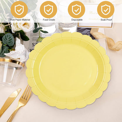 50Pcs Yellow Paper Plates-Disposable 7Inch Scalloped Dessert Cake Salad Fruit Plates Dinnerware Party Supplies for Summer Birthday Wedding Baby Shower Holiday Picnic Outdoor Table Decor