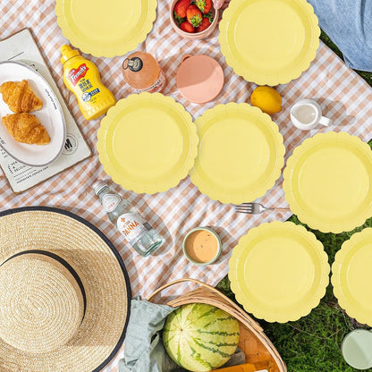 50Pcs Yellow Paper Plates-Disposable 7Inch Scalloped Dessert Cake Salad Fruit Plates Dinnerware Party Supplies for Summer Birthday Wedding Baby Shower Holiday Picnic Outdoor Table Decor