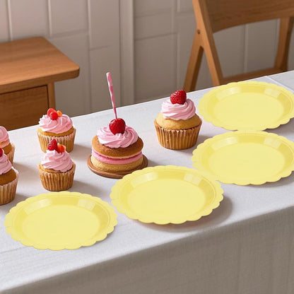 50Pcs Yellow Paper Plates-Disposable 7Inch Scalloped Dessert Cake Salad Fruit Plates Dinnerware Party Supplies for Summer Birthday Wedding Baby Shower Holiday Picnic Outdoor Table Decor