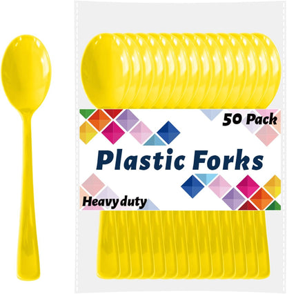 Yellow Plastic Spoons Disposable, 50 Count - 6.8 Inch Heavy Duty Disposable Cutlery Utensils BPA-Free Solid for Party, Picnic, Catering, Daily Use & More (Yellow)