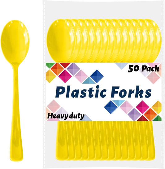 Yellow Plastic Spoons Disposable, 50 Count - 6.8 Inch Heavy Duty Disposable Cutlery Utensils BPA-Free Solid for Party, Picnic, Catering, Daily Use & More (Yellow)