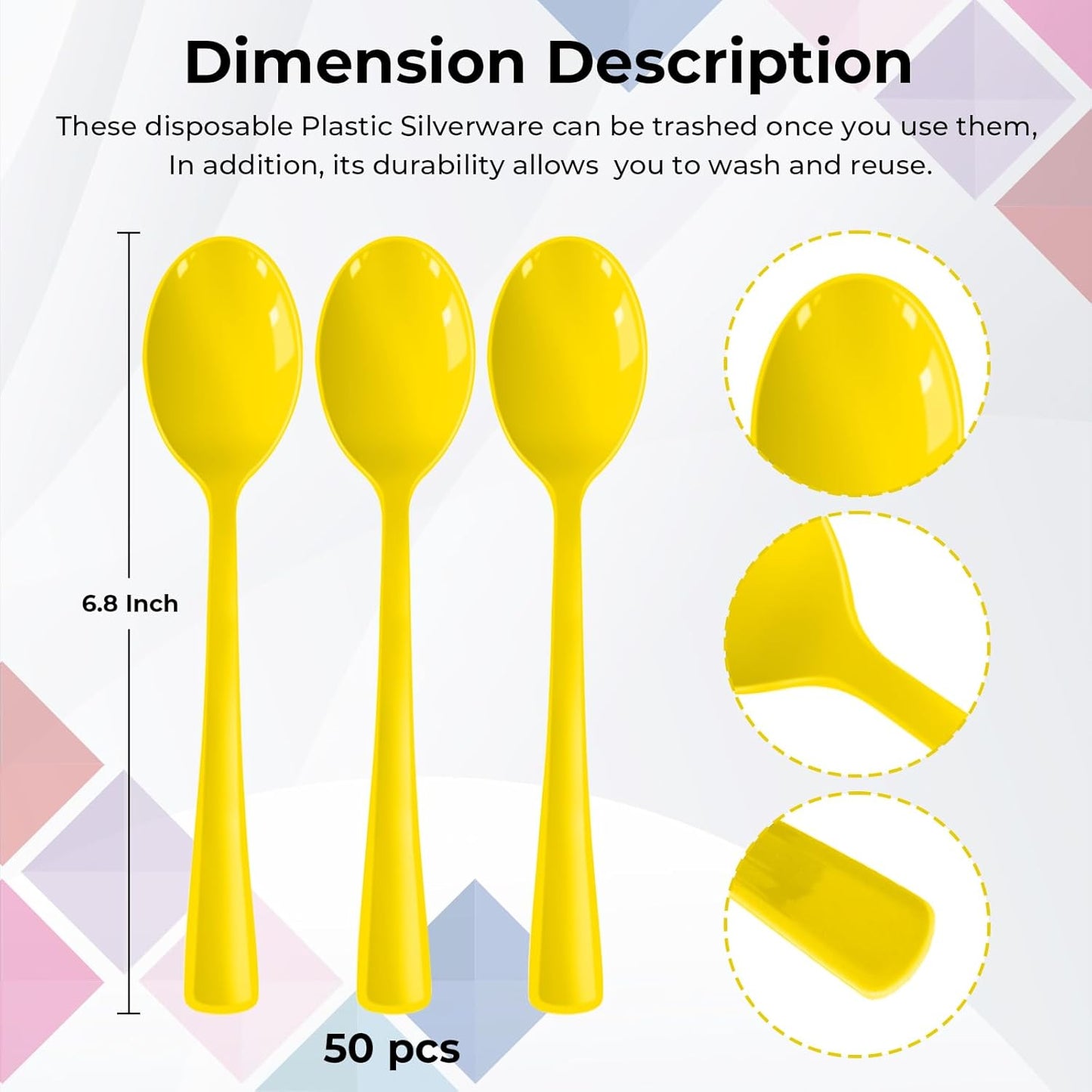 Yellow Plastic Spoons Disposable, 50 Count - 6.8 Inch Heavy Duty Disposable Cutlery Utensils BPA-Free Solid for Party, Picnic, Catering, Daily Use & More (Yellow)