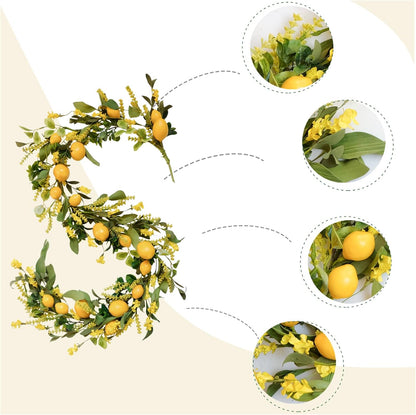 TEMPUS 5.4 Ft Artificial Lemon Garland Spring Summer Faux Yellow Fruit Garlands with Greenery for Home Door Wall Mantle Wedding Holiday Party Table Decorations