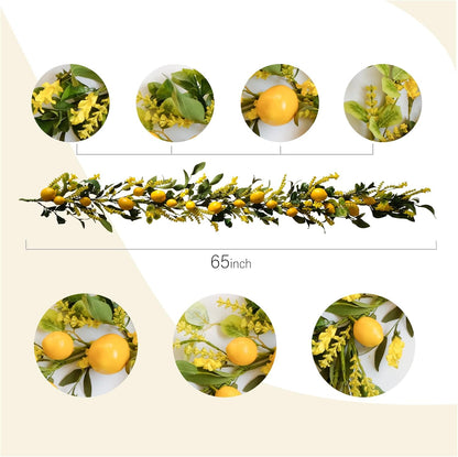TEMPUS 5.4 Ft Artificial Lemon Garland Spring Summer Faux Yellow Fruit Garlands with Greenery for Home Door Wall Mantle Wedding Holiday Party Table Decorations