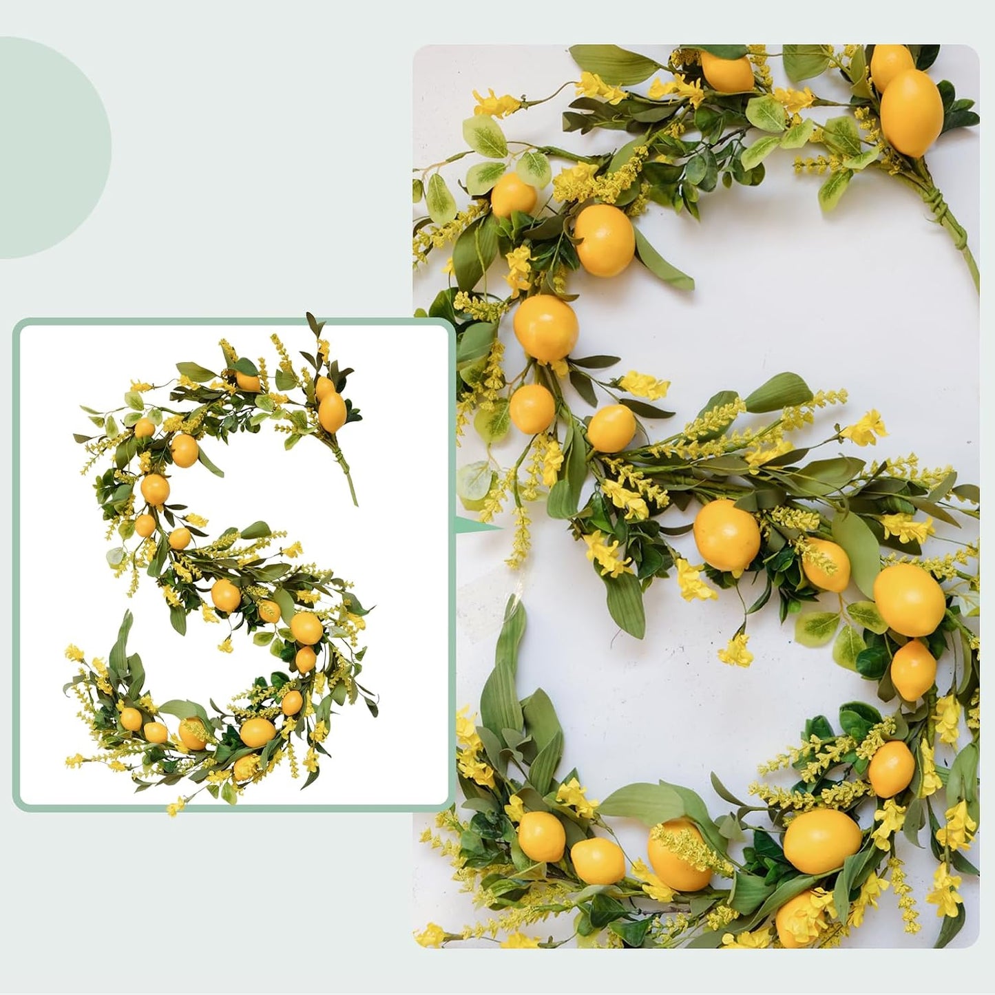 TEMPUS 5.4 Ft Artificial Lemon Garland Spring Summer Faux Yellow Fruit Garlands with Greenery for Home Door Wall Mantle Wedding Holiday Party Table Decorations
