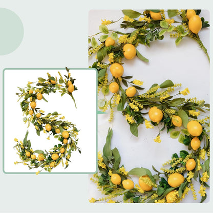 TEMPUS 5.4 Ft Artificial Lemon Garland Spring Summer Faux Yellow Fruit Garlands with Greenery for Home Door Wall Mantle Wedding Holiday Party Table Decorations