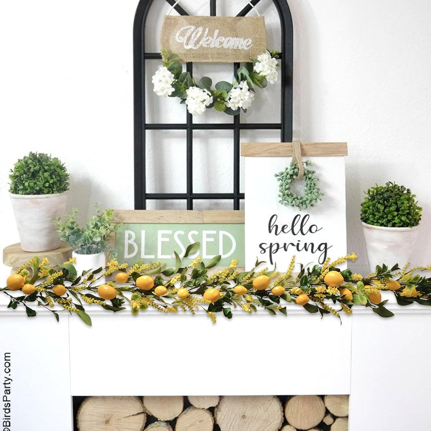 TEMPUS 5.4 Ft Artificial Lemon Garland Spring Summer Faux Yellow Fruit Garlands with Greenery for Home Door Wall Mantle Wedding Holiday Party Table Decorations