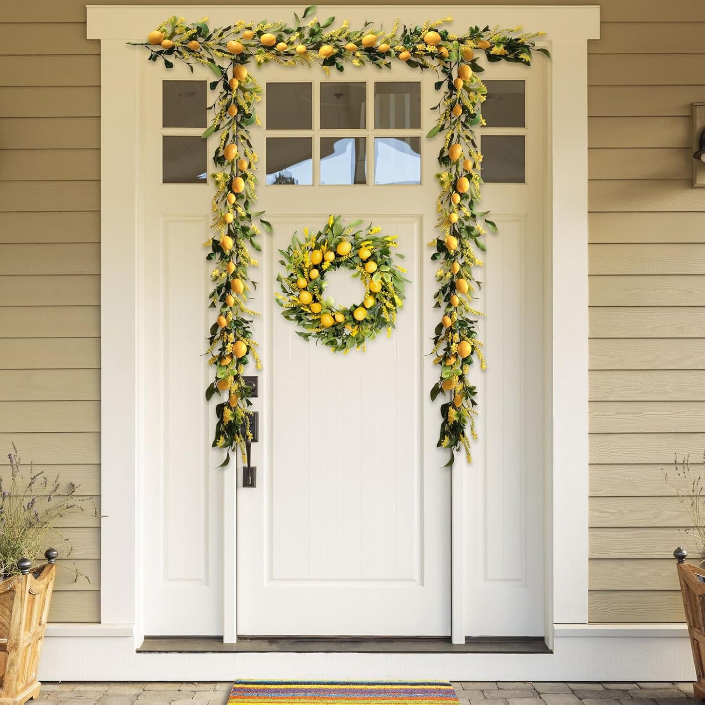 TEMPUS 5.4 Ft Artificial Lemon Garland Spring Summer Faux Yellow Fruit Garlands with Greenery for Home Door Wall Mantle Wedding Holiday Party Table Decorations