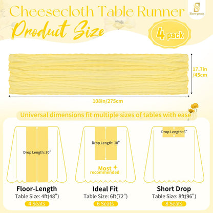 4 Pack Light Yellow Cheesecloth Table Runner 17 x 108 inch Boho Gauze Table Runner Rustic Sheer Cheese Cloth Table Decorations for Wedding Party Baby Bridal Shower Birthday Holiday Home