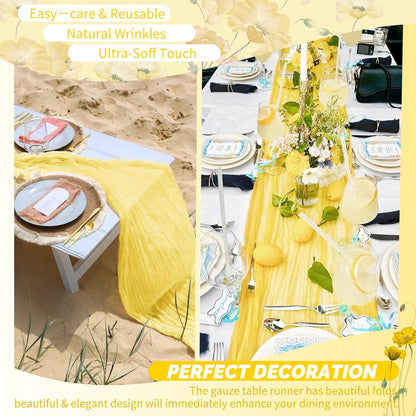 4 Pack Light Yellow Cheesecloth Table Runner 17 x 108 inch Boho Gauze Table Runner Rustic Sheer Cheese Cloth Table Decorations for Wedding Party Baby Bridal Shower Birthday Holiday Home
