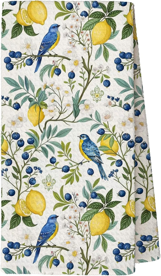 Blue Bird Floral Lemon Kitchen Towels, Cottagecore Lemon Flower Decorative Tea and Dish Towels, Summer Botanical Bird Hand Towel for Bathroom Kitchen, 16x24 Inch