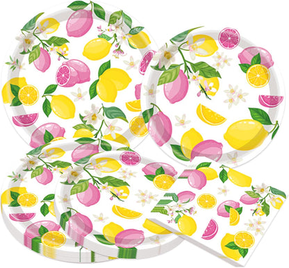 Pink Yellow Lemon Plates and Napkins Lemon Themed Baby Shower Party Decorations Capri Paper Plates Napkins Tableware Decor Birthday Party Supplies