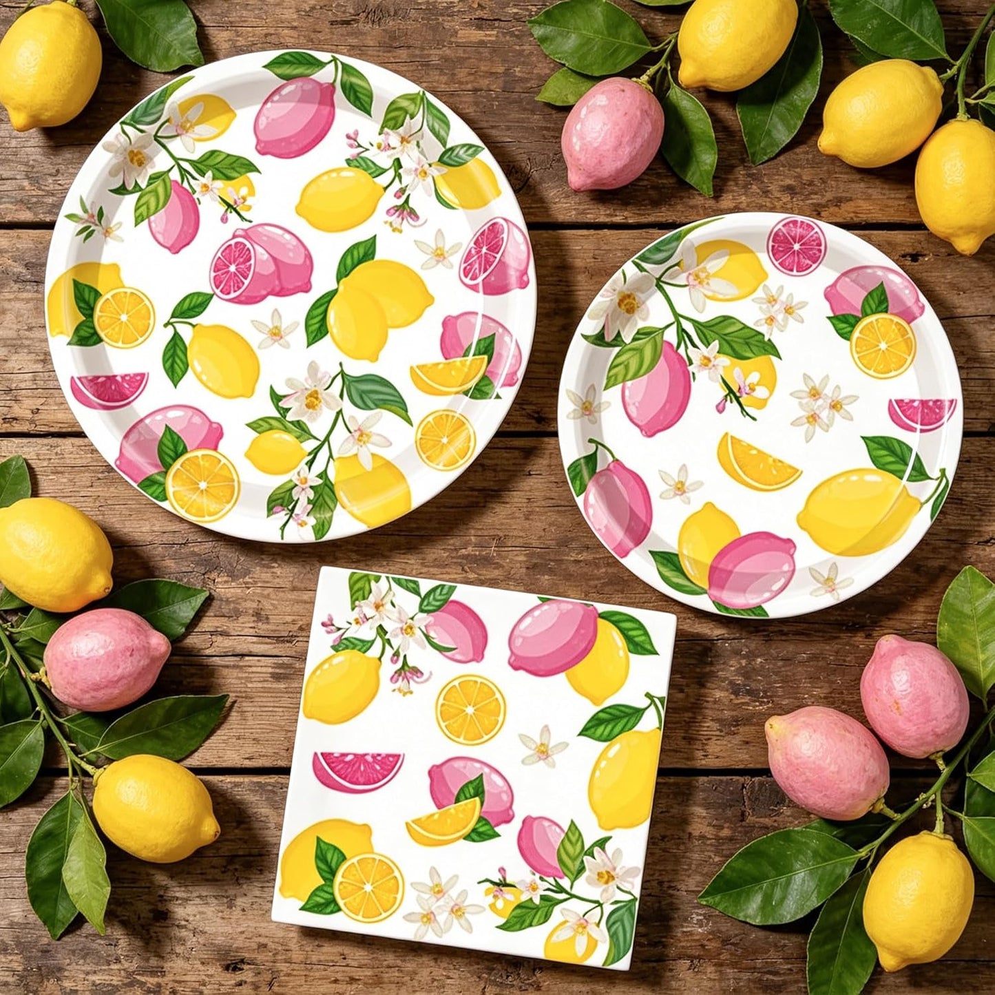 Pink Yellow Lemon Plates and Napkins Lemon Themed Baby Shower Party Decorations Capri Paper Plates Napkins Tableware Decor Birthday Party Supplies