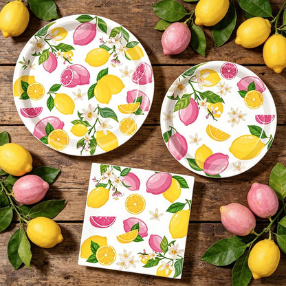 Pink Yellow Lemon Plates and Napkins Lemon Themed Baby Shower Party Decorations Capri Paper Plates Napkins Tableware Decor Birthday Party Supplies